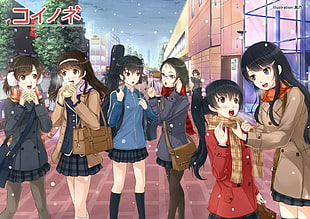 group of women anime character digital wallpaper